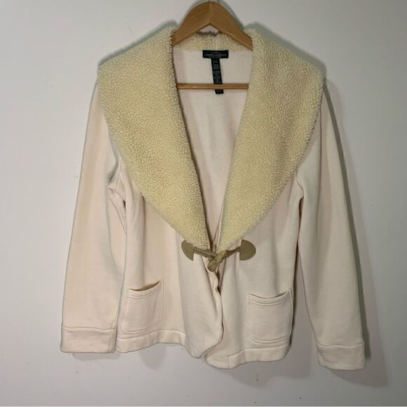 Ralph Lauren Jeans Co Women's Cream Sherpa Collar Jacket Soft Knit Large - Picture 1 of 7